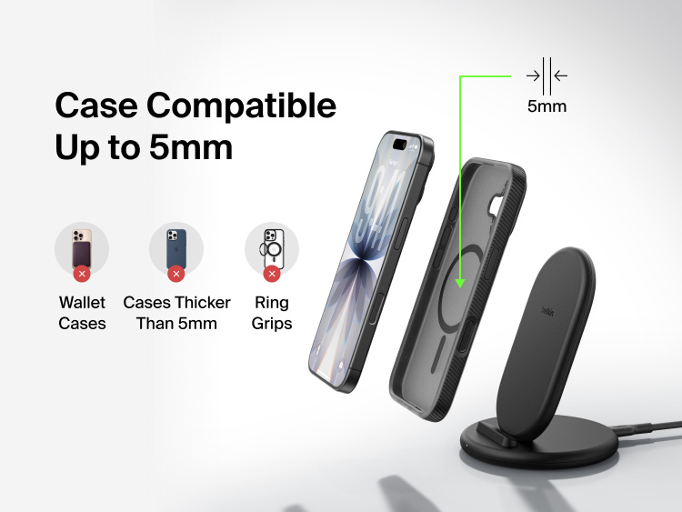 Belkin BoostCharge Wireless Charging Stand 15W shown charging through phone cases up to 5mm thick, not compatible with wallet cases, thick cases, or ring grips.